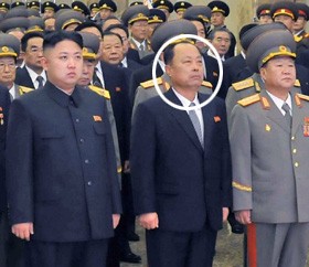 12月17日在朝鮮平壤錦繡山太陽宮舉行的金正日逝世一周年悼念活動中，被推測為朝鮮第二自然科學院院長崔春植的人（右二圓圈內）站在國防委員會第一委員長金正恩旁邊。